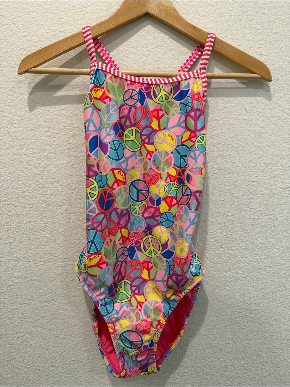Girls Pink Multi Peace-Sign One-Piece Swimsuit